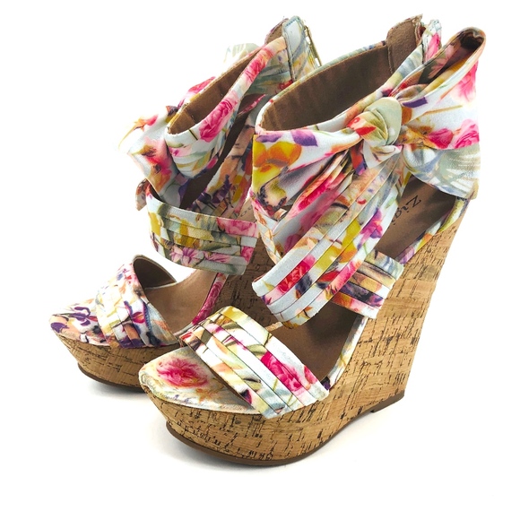 Shoes - Floral Summer Bow Platform Wedges